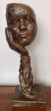Quiet Moment Mask Face in Hand Sculpture Modern Art Deco Statue 20"