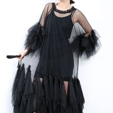 Sexy Lady Mesh Sheer Dress Long Layered Ruffle Gauze Loose Prom Party Cocktail