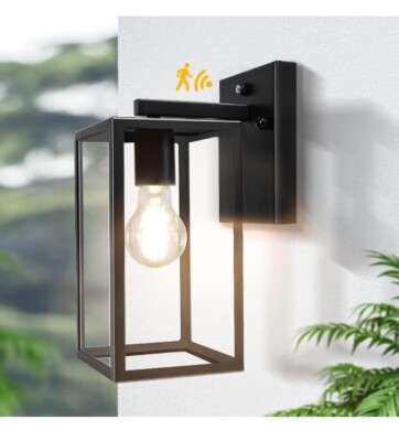 DLLT Outdoor Indoor Wall Sconce, Dusk to Dawn Sensor w/Clear Glass Shade Black