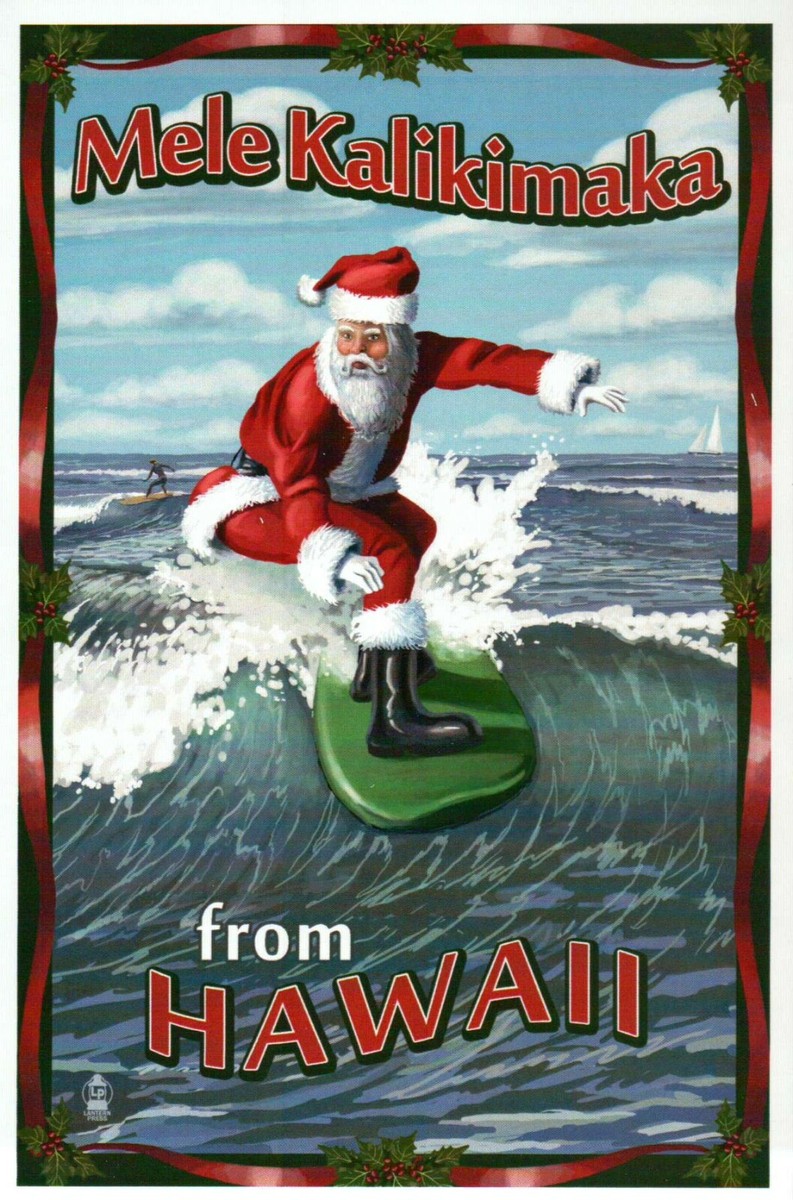 Mele Kalikimaka, Merry Christmas, Hawaii Santa Claus Surfing