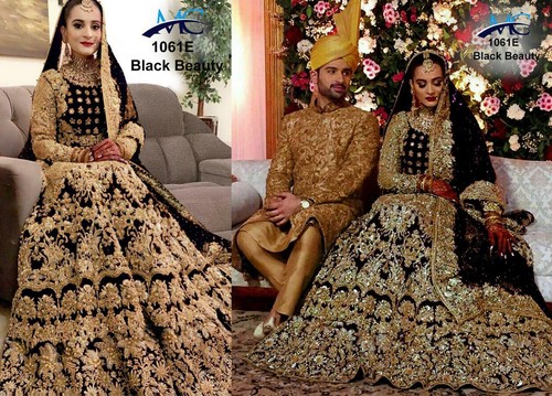 Wedding Wear Black Mirror Pearl Work 