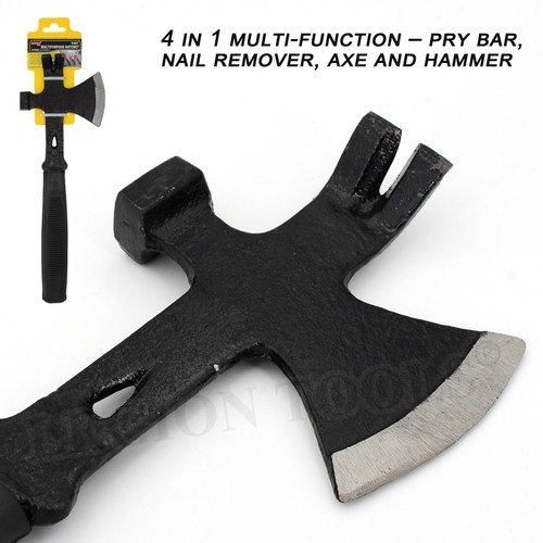 13" Multi Purpose Tomahawk Axe Hatchet Hammer Crowbar Black Steel Rubber Handle - Picture 3 of 5