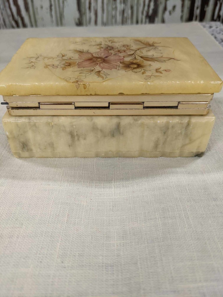 Vintage Hand Carved Genuine Alabaster Trinket Jewelry Box