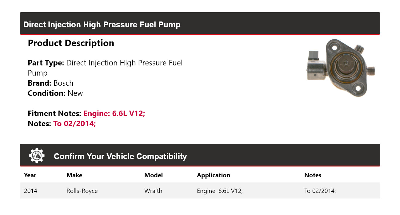 For 2014 Rolls-Royce Wraith 6.6L Bosch Direct Injection High Pressure Fuel Pump
