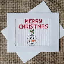 Completed Finished Cross Stitch Merry Christmas Snowman Ornament Blank Note Card