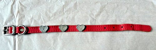 Cat/Small Dog Collar Pink Leather 3 Silver & Rhinestone/Diamante Hearts 12" long