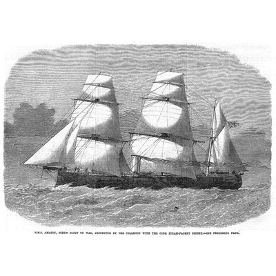 SCHIFFE HMS Amazon durch Kollision zerstört mit Dampfpaket - Antikdruck 1866