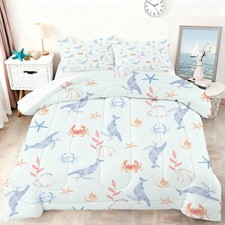 Blue Whale Bedding Set Full Size Light Blue Boys Comforter Set Cute Ocean Bed...