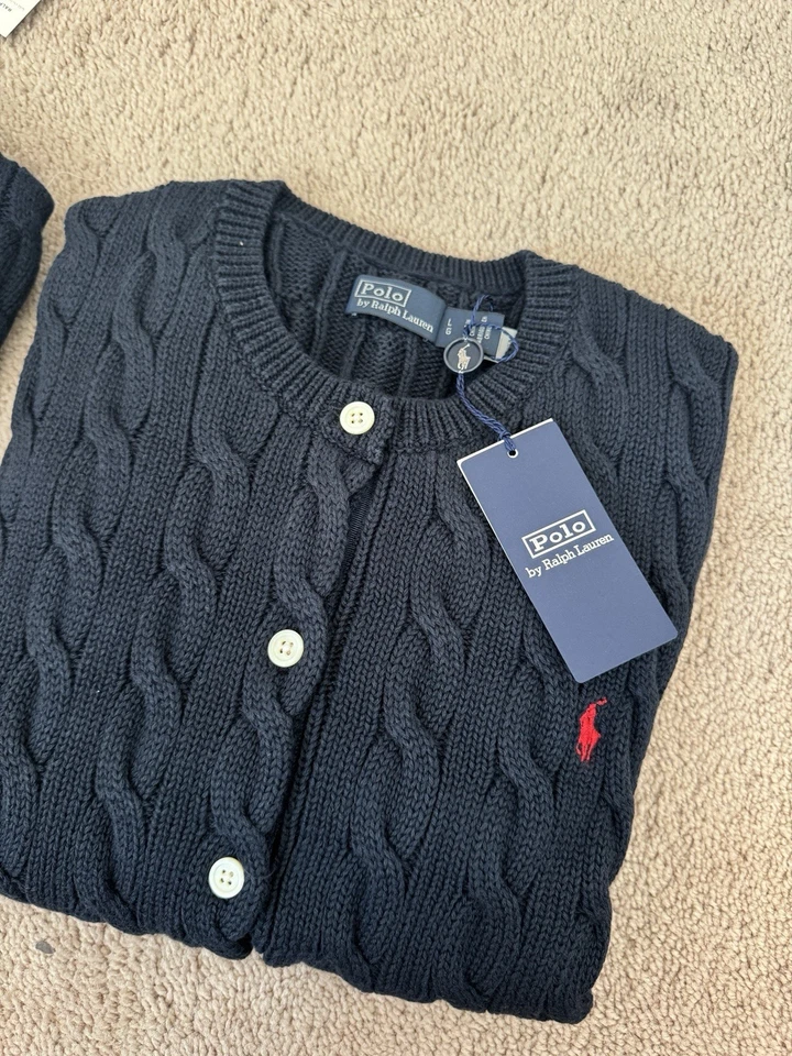 Cárdigan para mujer talla L/Ralph Lauren tejido con cable manga corta azul marino Foto 2 de 4