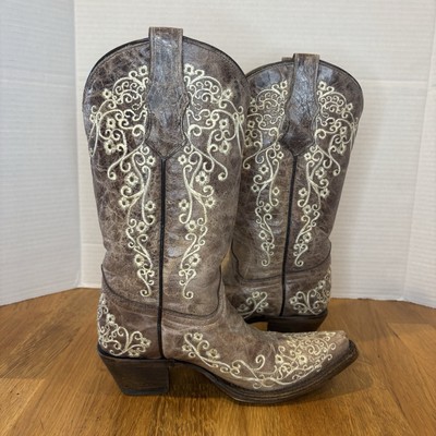 Corral Crater Embroidery Western Boot Bone/Brown Teens Girls Big Kid Size 2