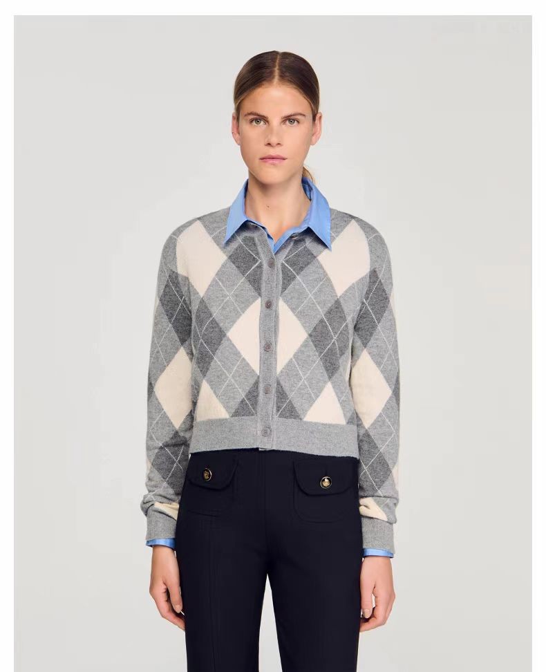 Sandro CRhombus Grid Knitted cardigan Coats Jackets  Women's