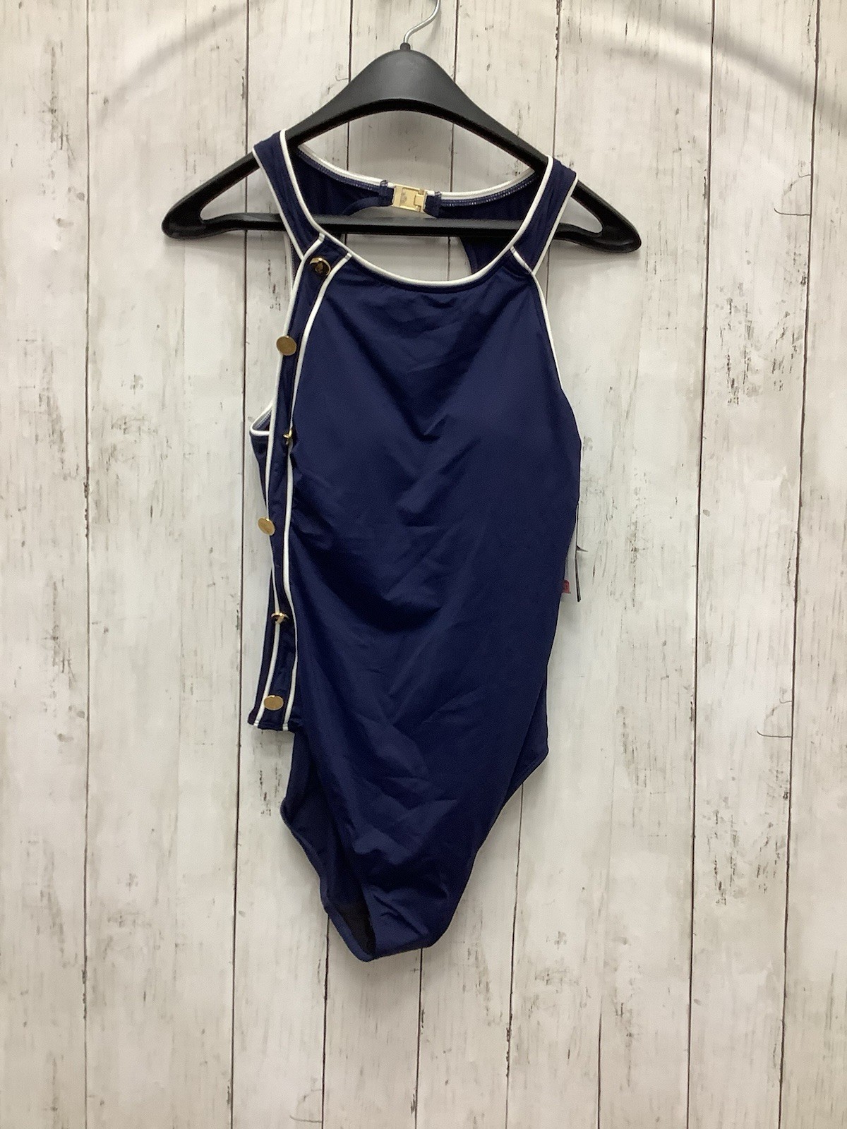 Lauren Ralph Lauren Navy/White Halter One Piece Swimsuit with Gold Side Buttons