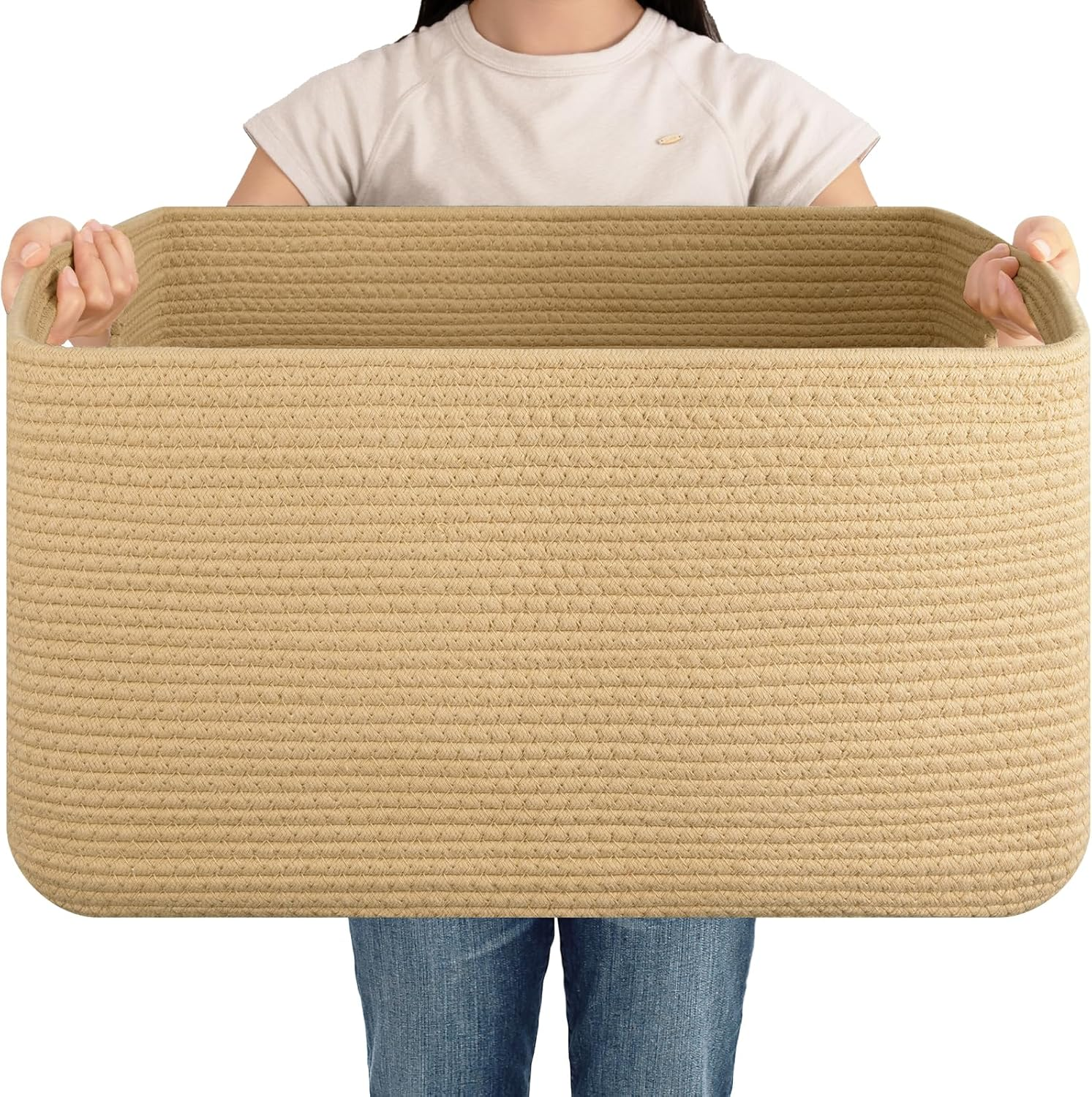 75L Large Blanket Basket, Woven Cotton Rope Baskets for Organizing 22”X17”X12”,