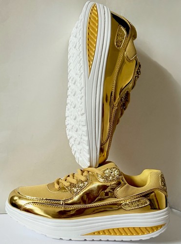 Sneakers Women’s Gold 8 1/2 41 Platform Wedge Slip On Walking Shoes Gym Athletic - Picture 4 of 18