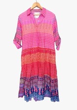 LulaLifeTiered Midi Dress Lightweight Pink Orange Abstract Print Women's SMALL 
