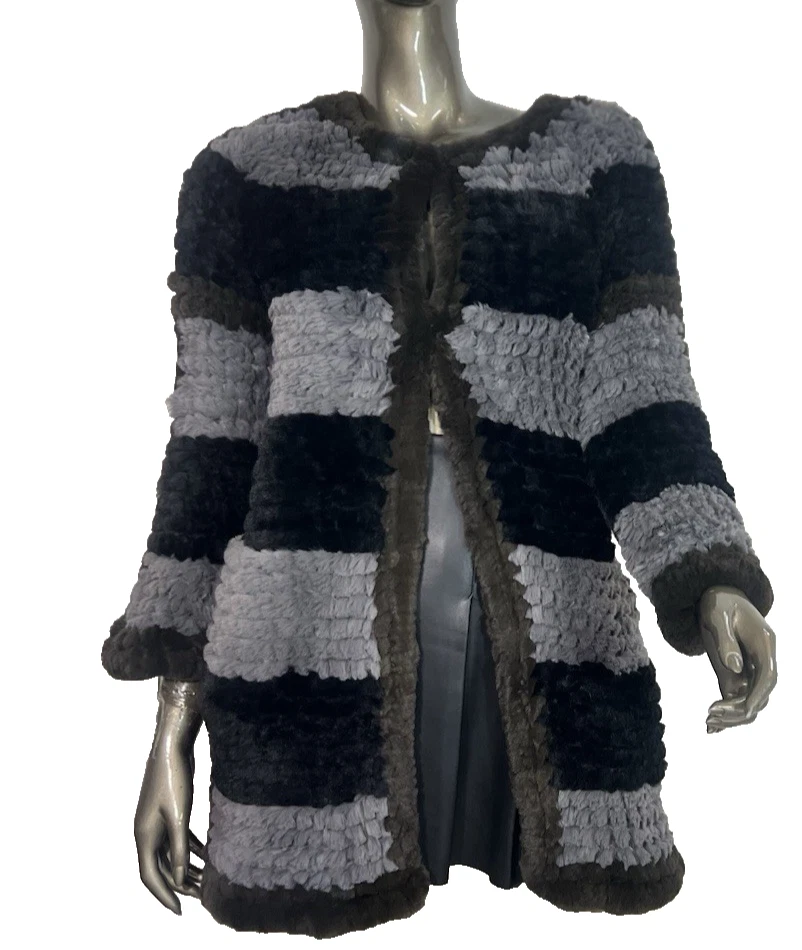 Fur Knitted Cardigan Womens Small Gray & Black Stripe Faux Fur Jacket Love Token - Image 3 of 4