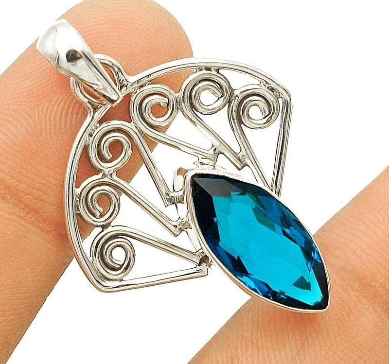 Natural Blue Topaz 925 Solid Sterling Silver Pendant 1 1/2'' Long @5-1