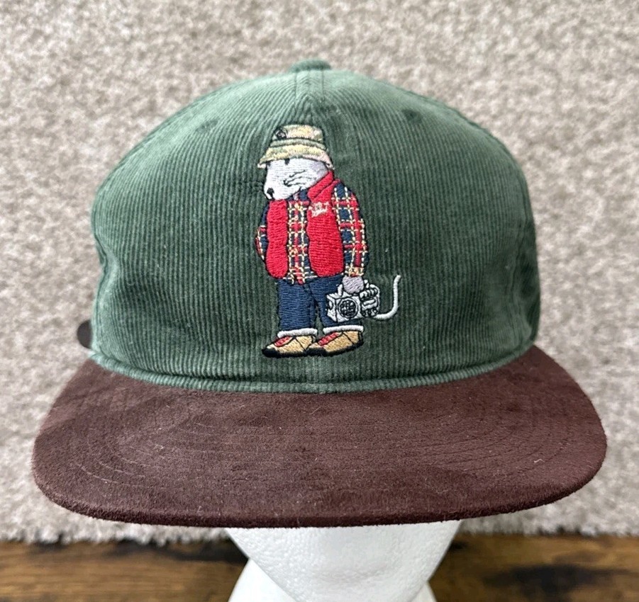 VTG 90s Stussy Corduroy Rat Boombox Hat Green Hip Hop Rap Skate Leather Strap