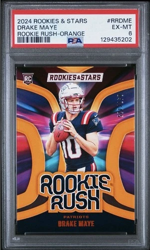 2024  Rookie & Stars Drake Maye Rookie Rush /125 Orange PSA 6 Pop 2 None Higher