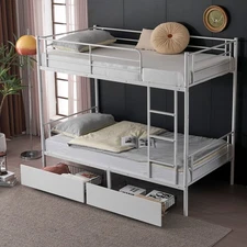 Heavy Duty Metal Bed Twin Over Twin Bunk Beds with 2 Drawer Mattress Foundation