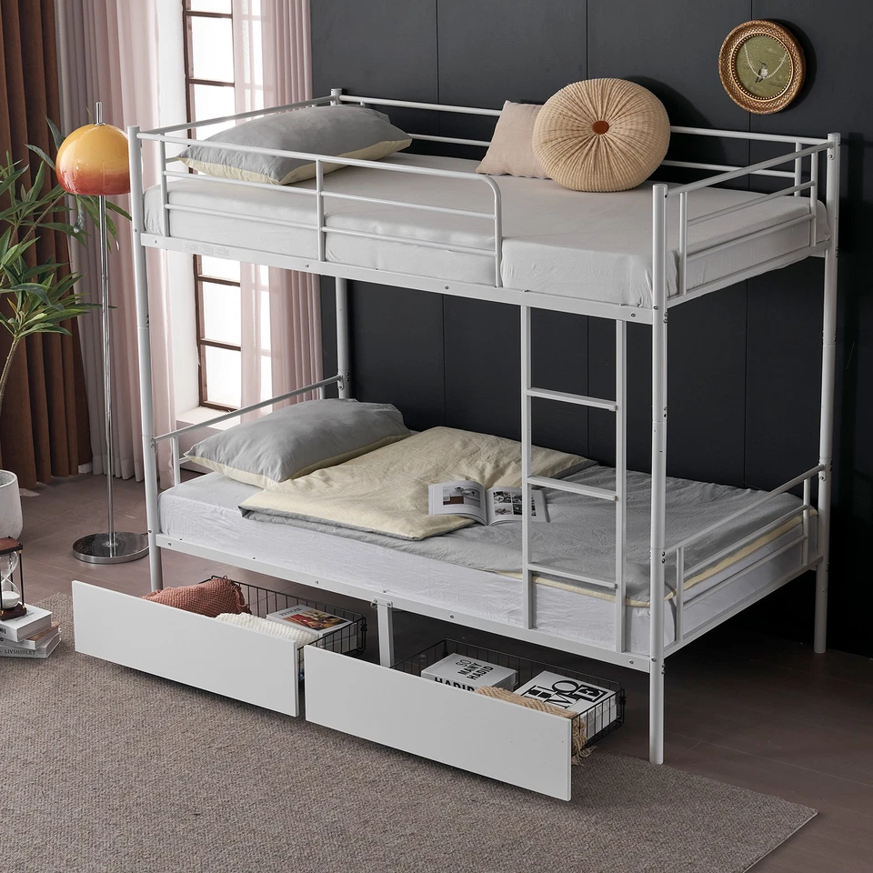 Heavy Duty Metal Bed Twin Over Twin Bunk Beds with 2 Drawer Mattress Foundation