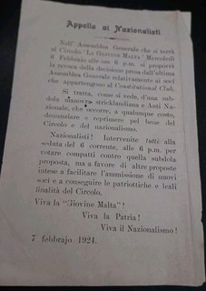 MALTA POLITICAL FLYER APPELLO AI NAZIONALISTI ' LA GIOVINE MALTA ' 1924