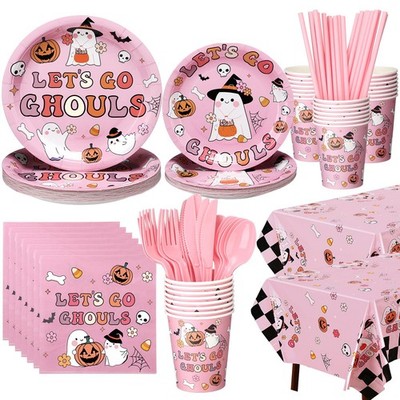24 Set Halloween Party Supplies Let's Go Ghouls Pink Ghost Plates and Napkins...