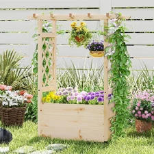 Wooden Raised Garden Bed/ Lattice Trellises Hanging Roof Drainage Indoor Outdoor