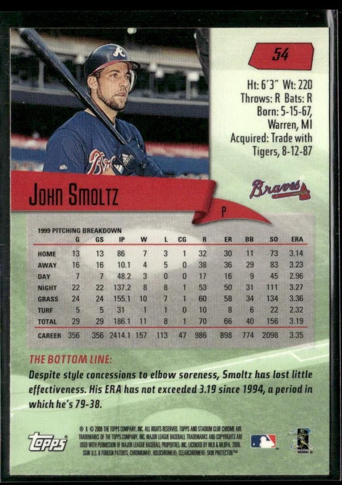 2000 Stadium Club Chrome #54 John Smoltz - Image 2 of 2