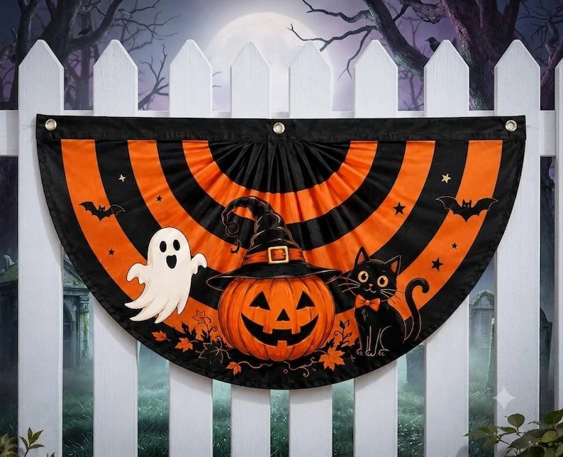 Halloween Flag Bunting Half Fan Hanging Pleated Flag Banner Halloween Indoor Out