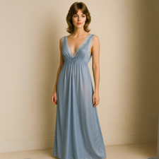 Vintage 1970s Periwinkle Blue Nylon Lace Nightgown Medium Fit Rite Lingerie Corp