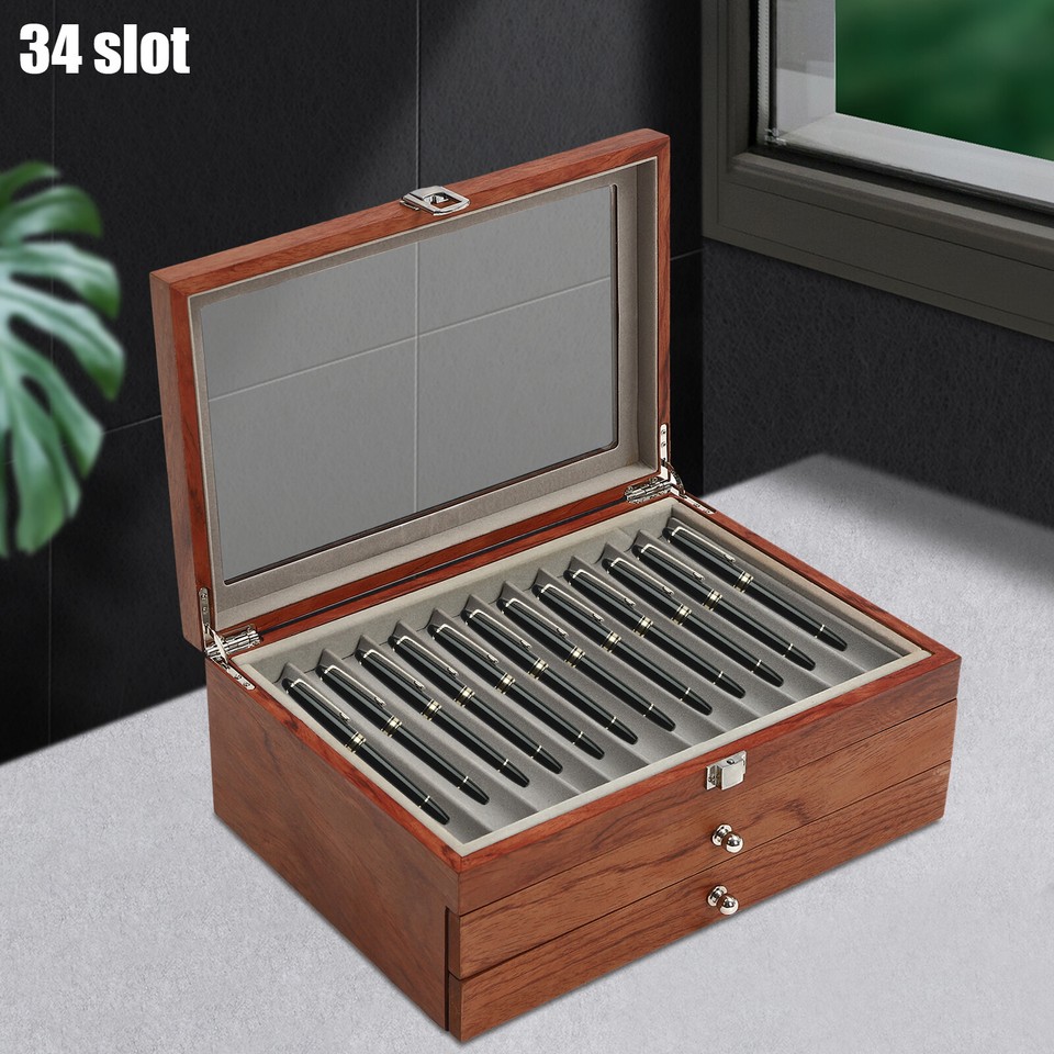 Aufbewahrungsbox Für Füllfederhalter – 23 Fächer, 2 Ebenen, Holz, Mit Glasdeckel