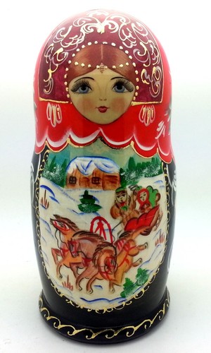 Russian Winter Troika story Hand Carved Hand Painted Nesting Doll set   7" tall  - Picture 5 of 5