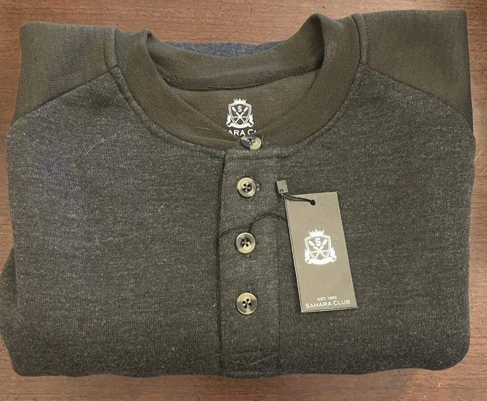 Sahara Club Men’s Henley Sweatshirt Pullover Casual Top Charcoal & Green Size M - Image 4 of 4