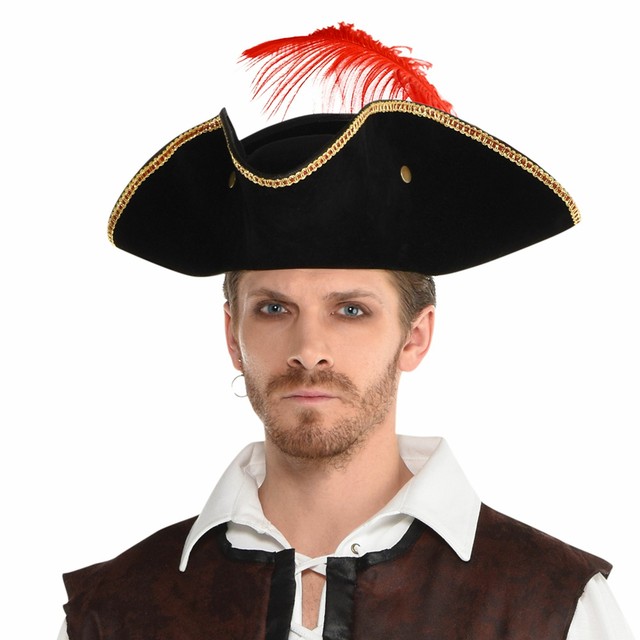 Tricorn Pirate Hat For Adults One Size Features Gold Trim And Red Feather For Sale Online Ebay