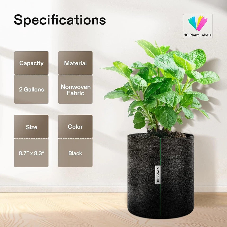 VIVOSUN Paquete de 10 Bolsas de Cultivo de 2 Galones Macetas de Tela con Trasplante de Lados Autoadherentes Foto 2 de 4
