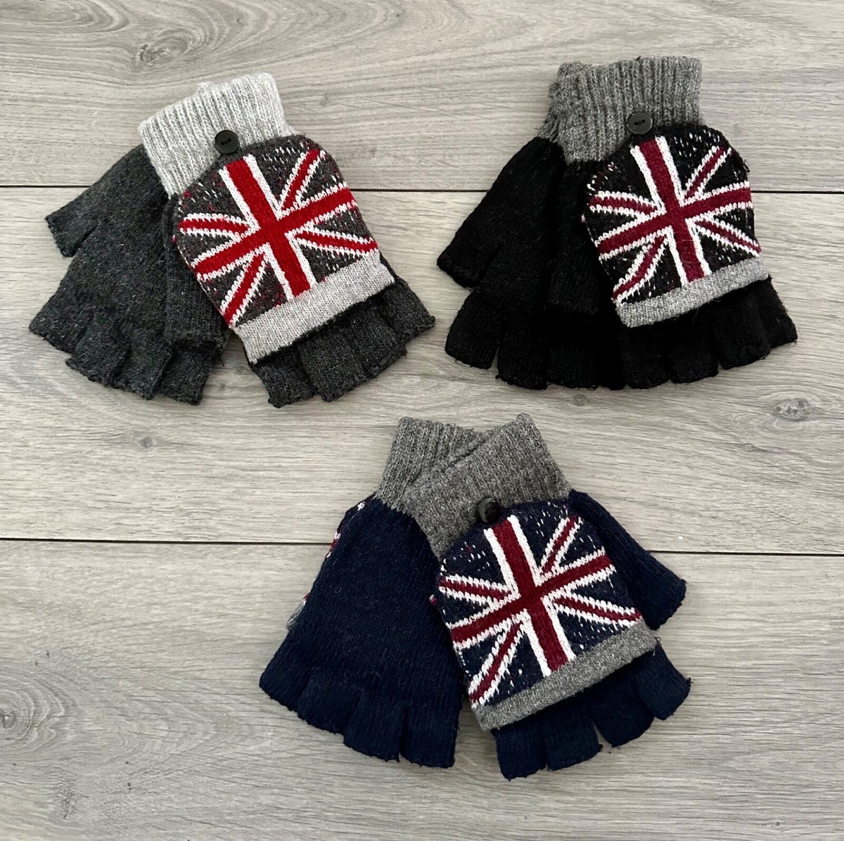 Union Jack British Flag Knitted Unisex Fingerless Flap Over  