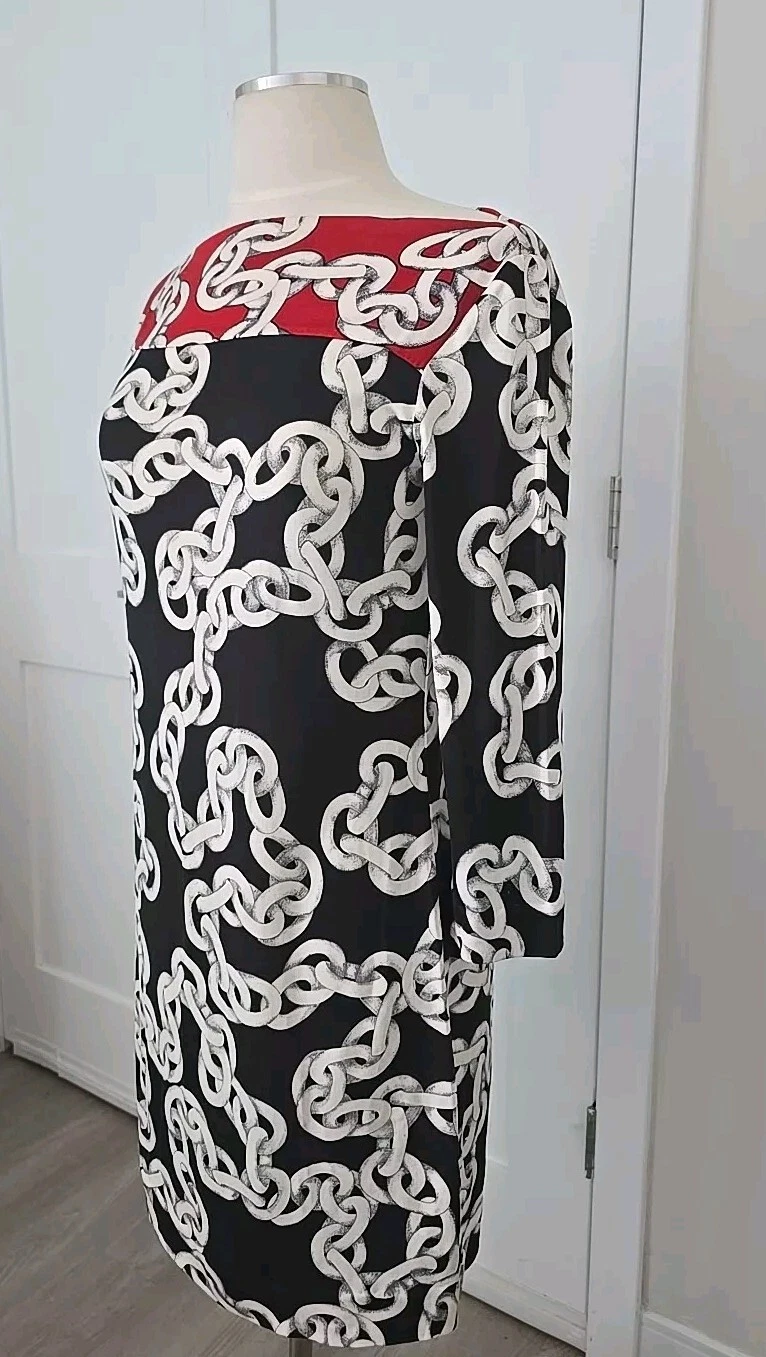 OFF WHITE Abito a tubino DIANE von FURSTENBERG seta RURI stampa catena nero bianco sporco rosso taglia 4