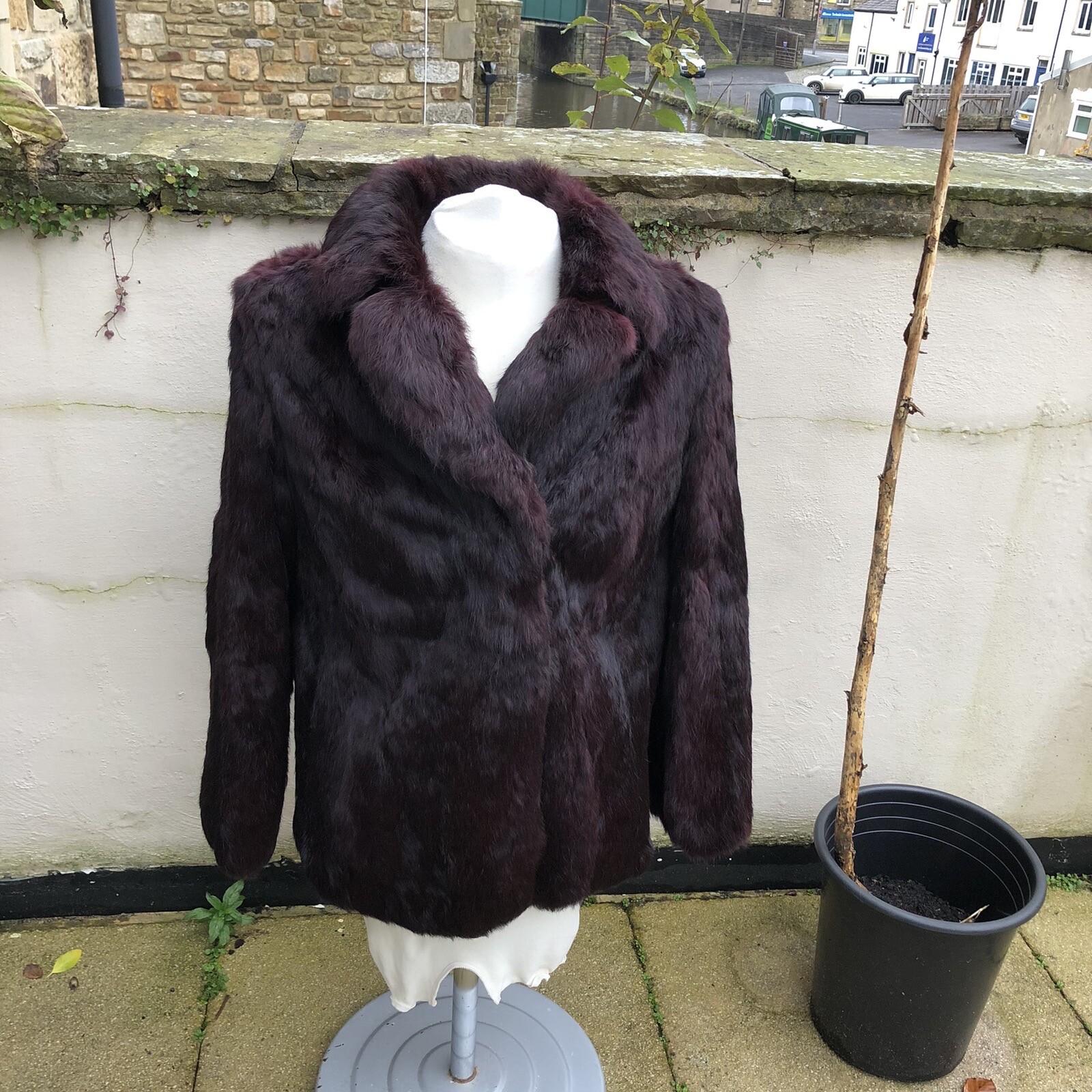 Vintage Real Coney Fur Coat UK 14 Glossy Dark Burgundy Black Luxury