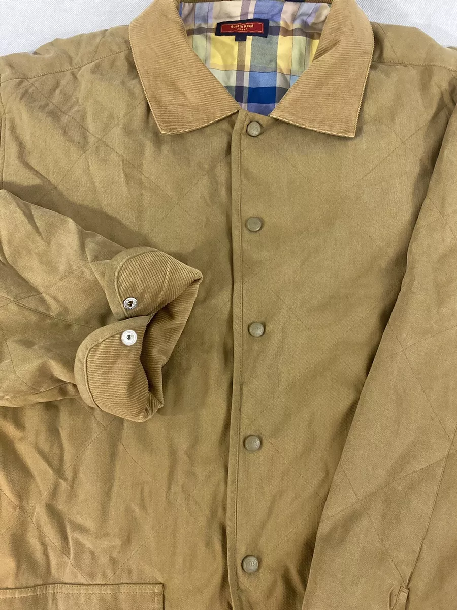 Austin Reed Coat Jacket Mens Large Canvas Corduroy Trim Tan Kaki