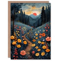 Bunt Blumenweg Wald Landschaft Geburtstagskarte