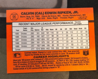 1990 Donruss Cal Ripken #96 **ERROR CARD** Very RARE!! No DOT