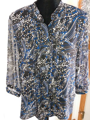 Womens Sag Harbor Semi sheer multi color V neck accent pleats down front sz Lg