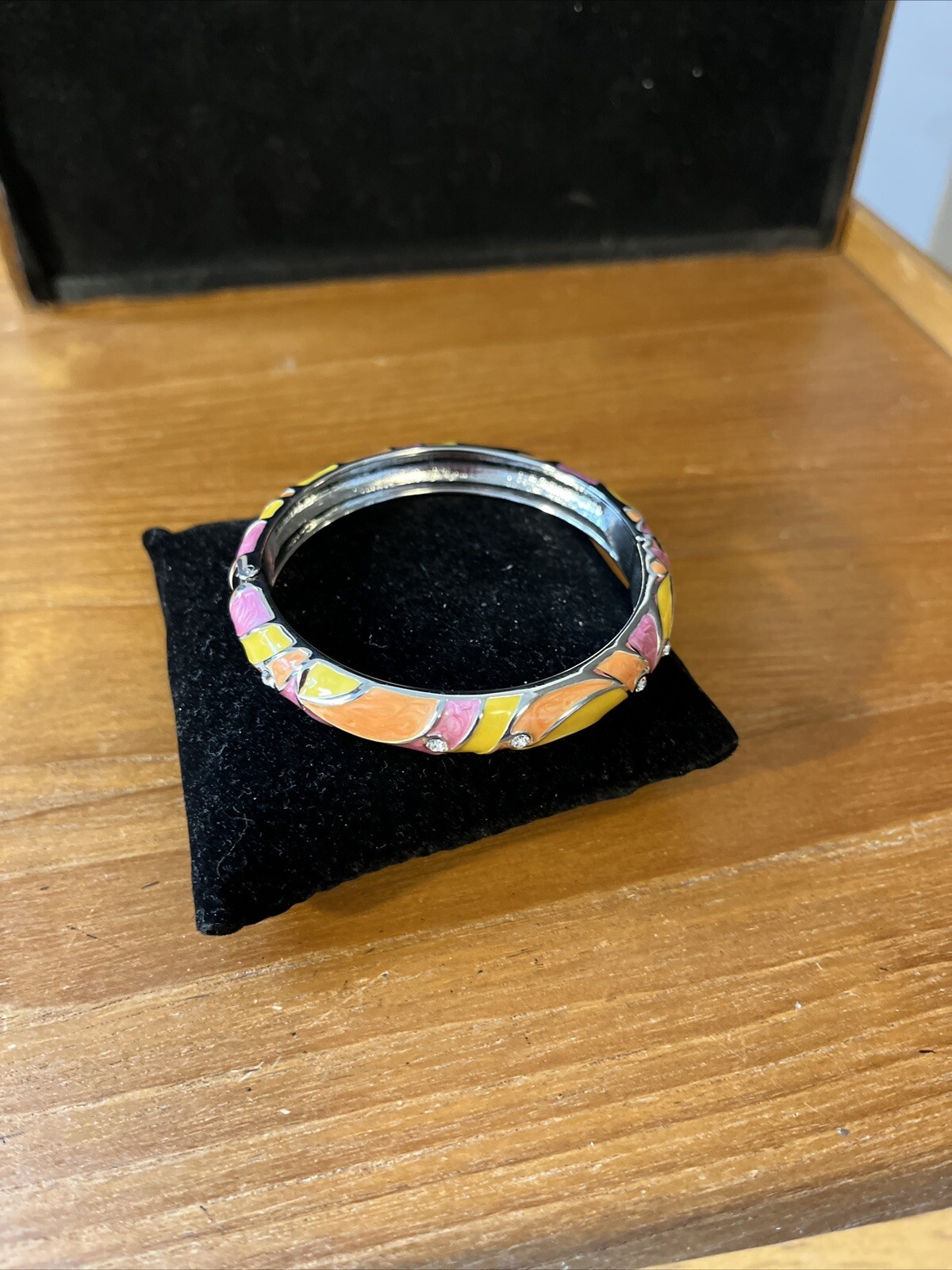 Multicolor Enamel Rhinestone Bangle Bracelet silv… - image 1
