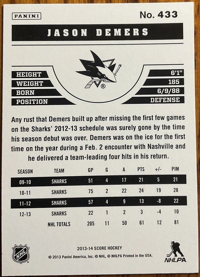 2013-14 Score Gold Jason Demers #433 San Jose Sharks - Image 2 of 2