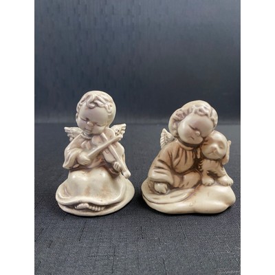 Boy & Girl Angel Figurine Set Cherub Angels Hand Painted Puppy Violin MCM Joy P