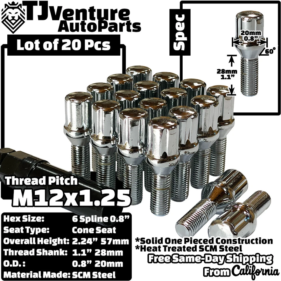 Parafusos de encaixe 20 peças cromados M12x1,25 Spline Tuner 28mm haste ajuste parafusos europeus modelos - Imagem 2 de 4