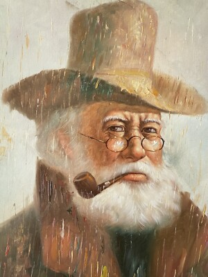 Old  Cowboy With Hat Smoking A Pipe Painting 24x20 Inches