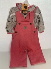 Girls Carhartt Overall, Long Sleve BodySuit, and Bib 3 Piece Set Pink 9 Months