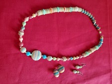 Wooden Beaded Necklace in Pastel Colors, with 2 sets of Earrings